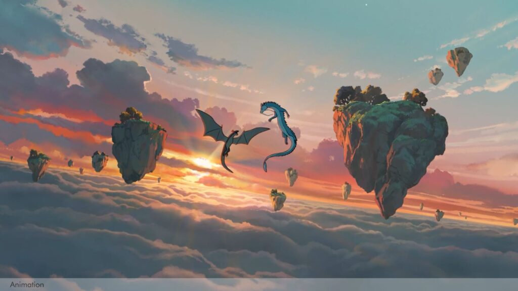 Silhouettes de créatures fantastiques dans un ciel au coucher du soleil