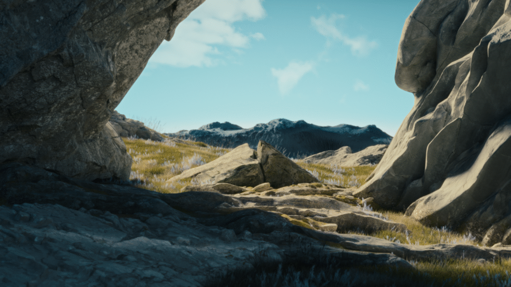 Paysage montagneux ou désertique vu à travers une ouverture de roche