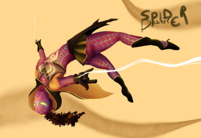 Personnage féminin inspiré de Spider-Verse effectuant une pose aérienne dans un décor désertique aux couleurs chaudes.