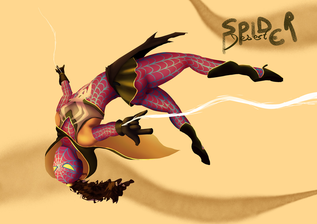 Personnage féminin inspiré de Spider-Verse effectuant une pose aérienne dans un décor désertique aux couleurs chaudes.