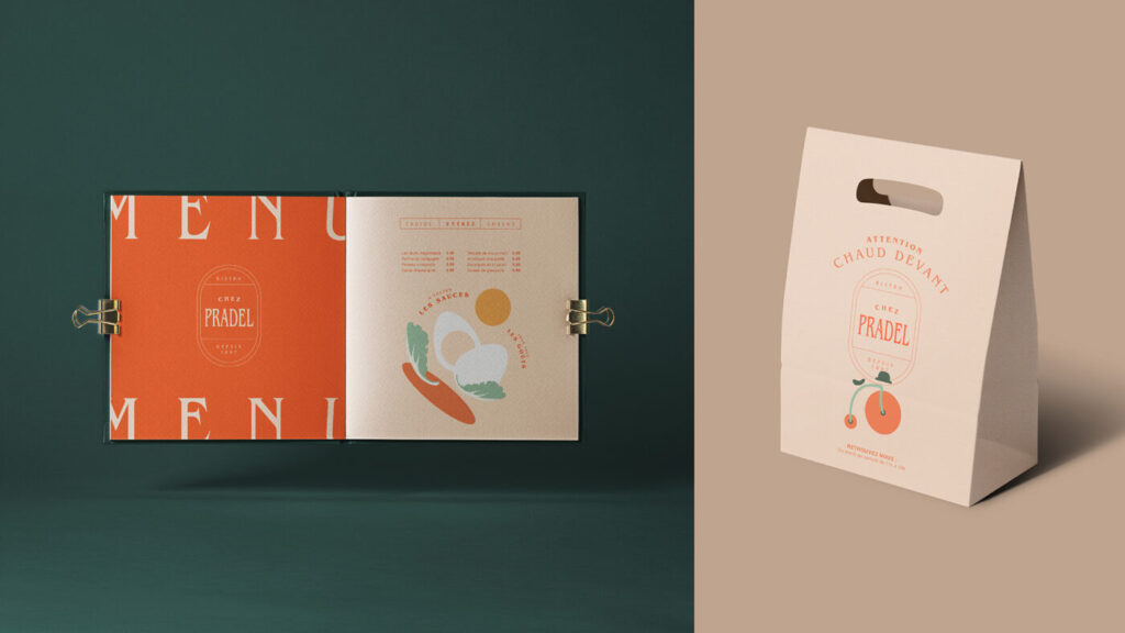 Packaging minimaliste avec boîte orange et fond vert foncé