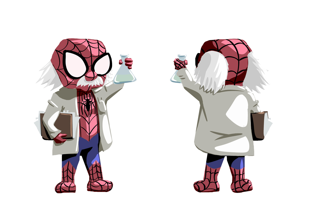 Petit personnage inspiré de Spider-Man déguisé en scientifique tenant une fiole dans une illustration cartoon vue de face et de dos.