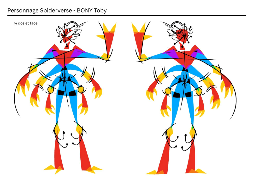 Recherche graphique de personnage Spider-Verse aux formes géométriques et couleurs vives dans un style expérimental et moderne.
