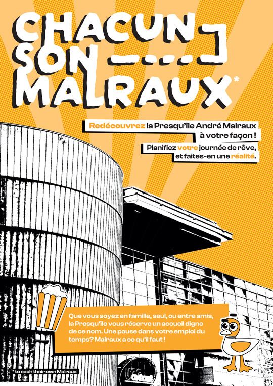 Affiche réalisée par les étudiants d’e-artsup Strasbourg dans le cadre du workshop “Malraux féérique”, transformant la Presqu’île André Malraux en univers graphique pop et immersif.