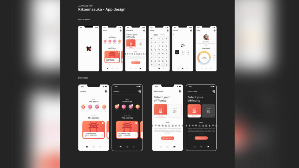Maquette d’application mobile avec écrans de design UI et interface rouge et noire