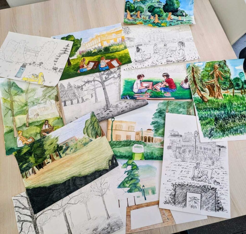 Ensemble de dessins et d’aquarelles réalisés en extérieur par les lycéens accueillis en stage de seconde à e-artsup Bordeaux.
