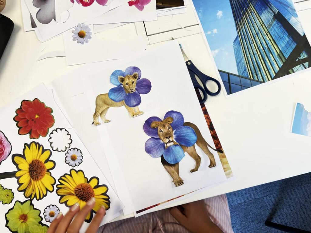 Découpages de fleurs, d’animaux et d’éléments architecturaux utilisés par les lycéens pour un atelier de collage créatif à e-artsup Lyon.