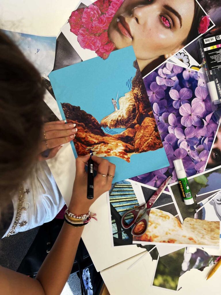 Une lycéenne compose un collage surréaliste à partir de paysages, de fleurs et de photographies pendant son stage à e-artsup Lyon.