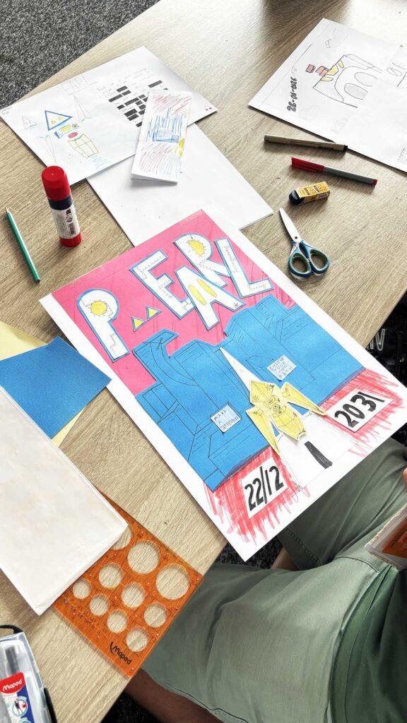 Affiche colorée intitulée « Pearl » réalisée par un lycéen lors d’un atelier de direction artistique à e-artsup Nice.