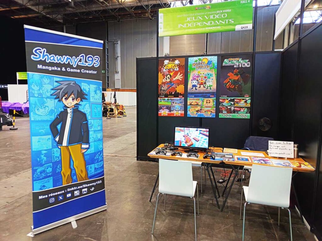 Stand présentant Crazy Blast, Musical Sunbeds et Space BlackJack 2100 dans l’espace Jeux Vidéo Indépendants de Japan Expo 2026.