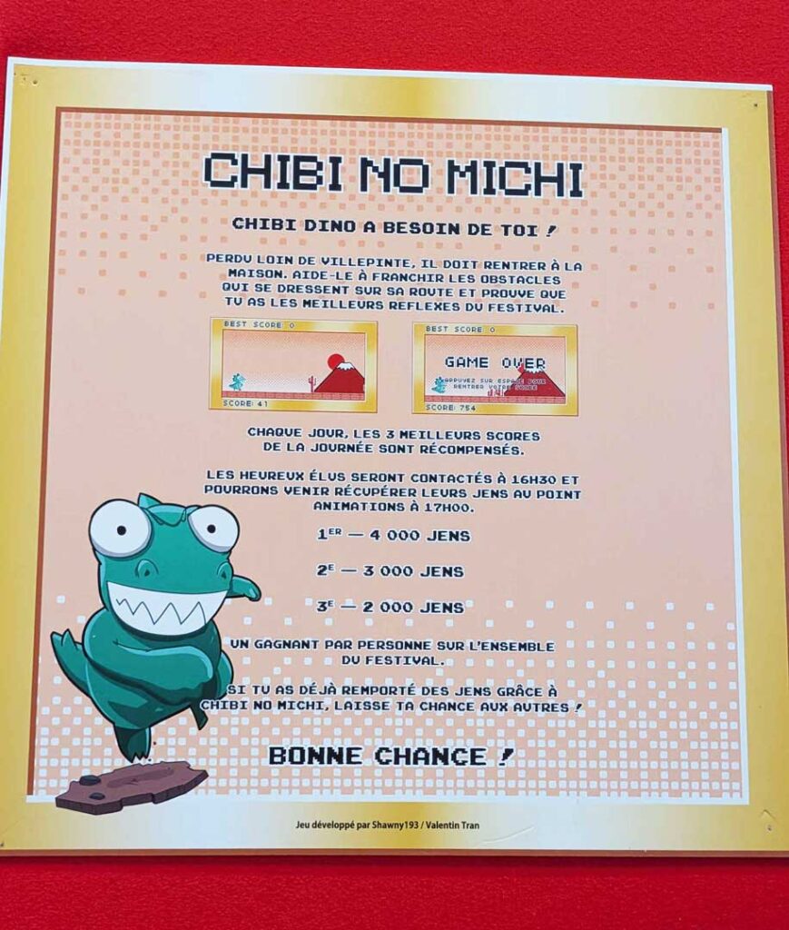 Panneau de présentation de Chibi no Michi, jeu vidéo mettant en scène Chibi Dino et proposé aux visiteurs de Japan Expo 2026.
