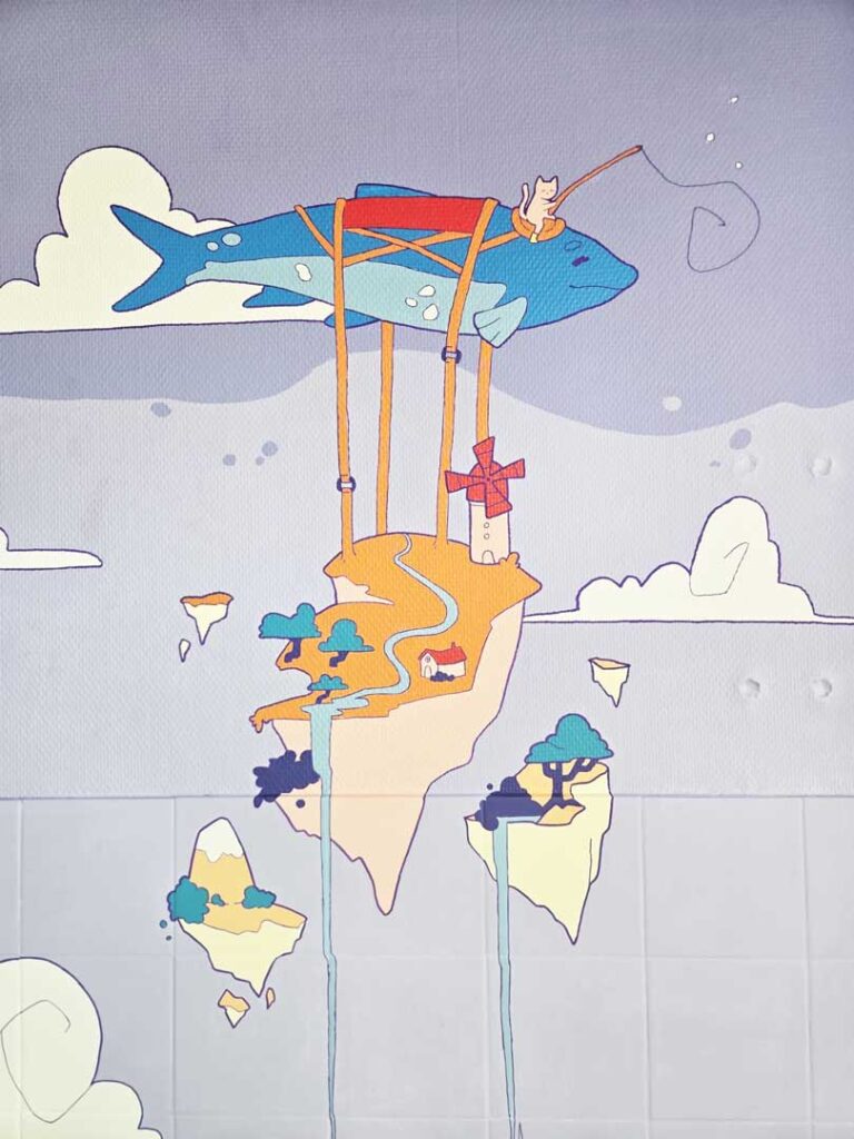 Îles flottantes suspendues à un poisson volant dans la fresque du CHU de Montpellier