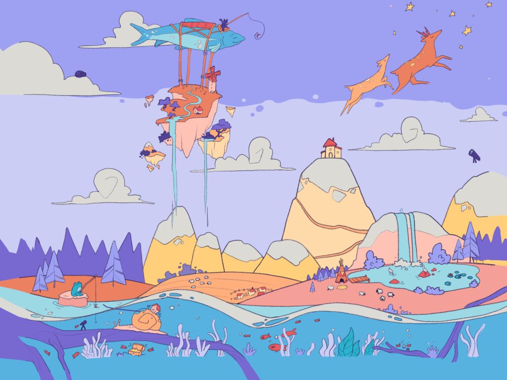 Illustration d’un monde fantastique avec îles flottantes, montagnes, rivière et univers sous-marin