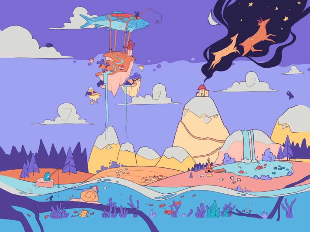 Illustration d’un monde fantastique avec îles flottantes, montagnes, rivière et univers sous-marin