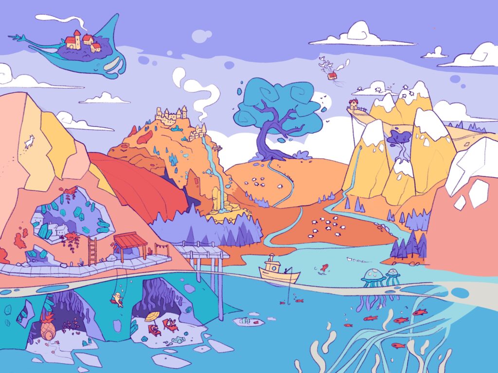 Illustration colorée d’un paysage imaginaire avec montagnes, arbre bleu, bateau et grottes sous-marines