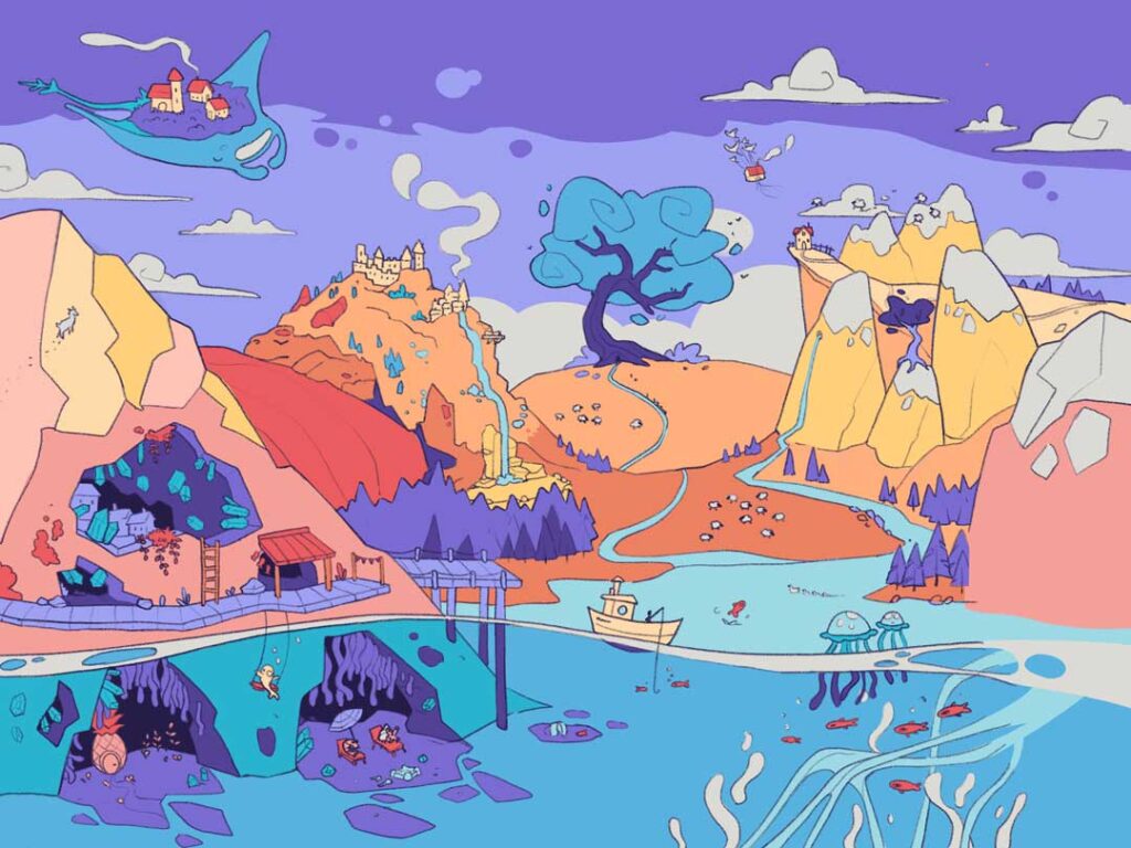 Illustration colorée d’un paysage imaginaire avec montagnes, arbre bleu, bateau et grottes sous-marines