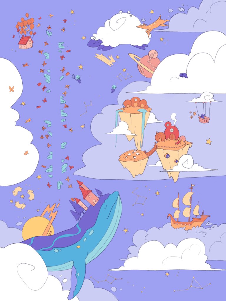 Illustration panoramique d’un univers fantastique entre ciel, montagnes, rivière et fonds marins