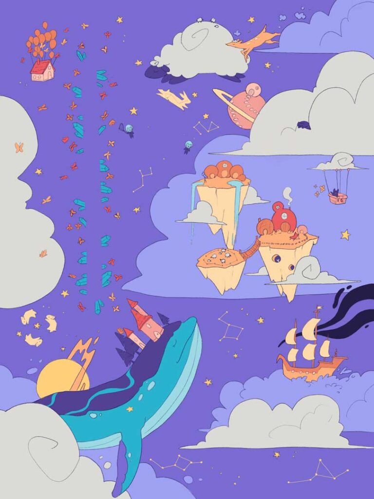 Illustration panoramique d’un univers fantastique entre ciel, montagnes, rivière et fonds marins