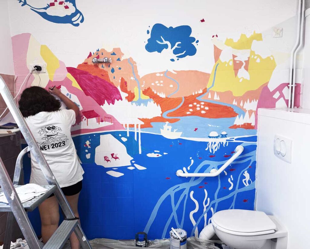 Réalisation des formes et aplats colorés de la fresque murale du CHU de Montpellier